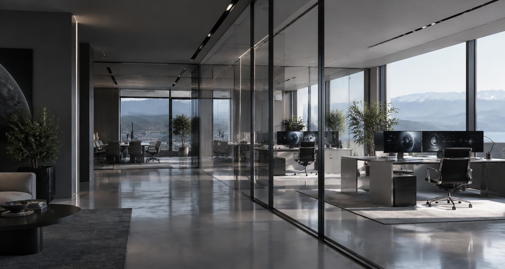Modern SpaceSafety AI offices with glass meeting rooms and orbital monitoring workstations