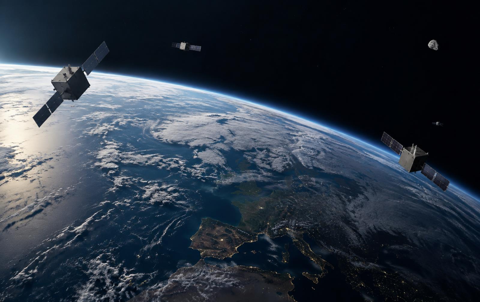 Satellite network connected above Earth at twilight