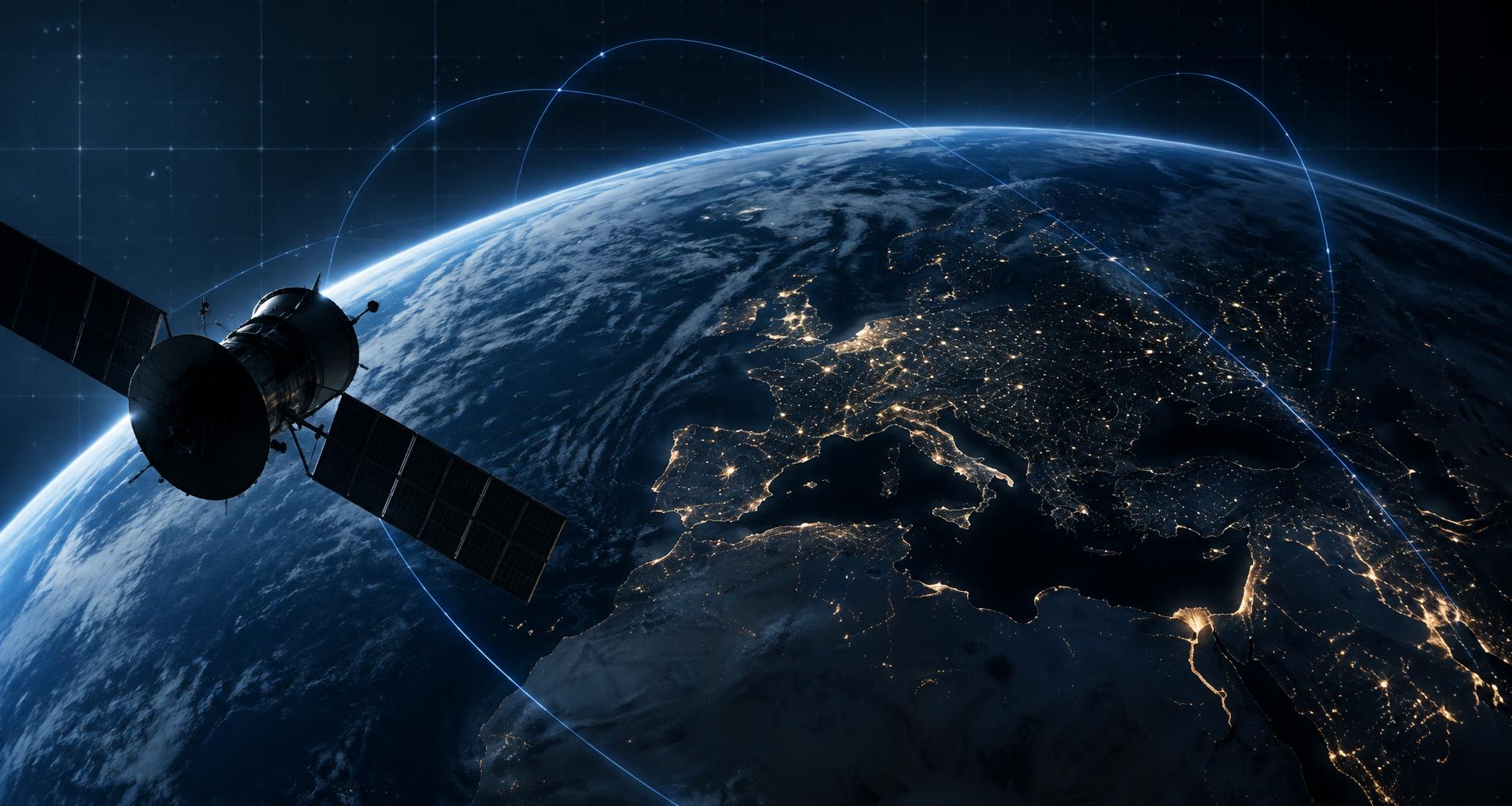 Earth seen from orbit at night with a satellite and orbital trajectory arcs